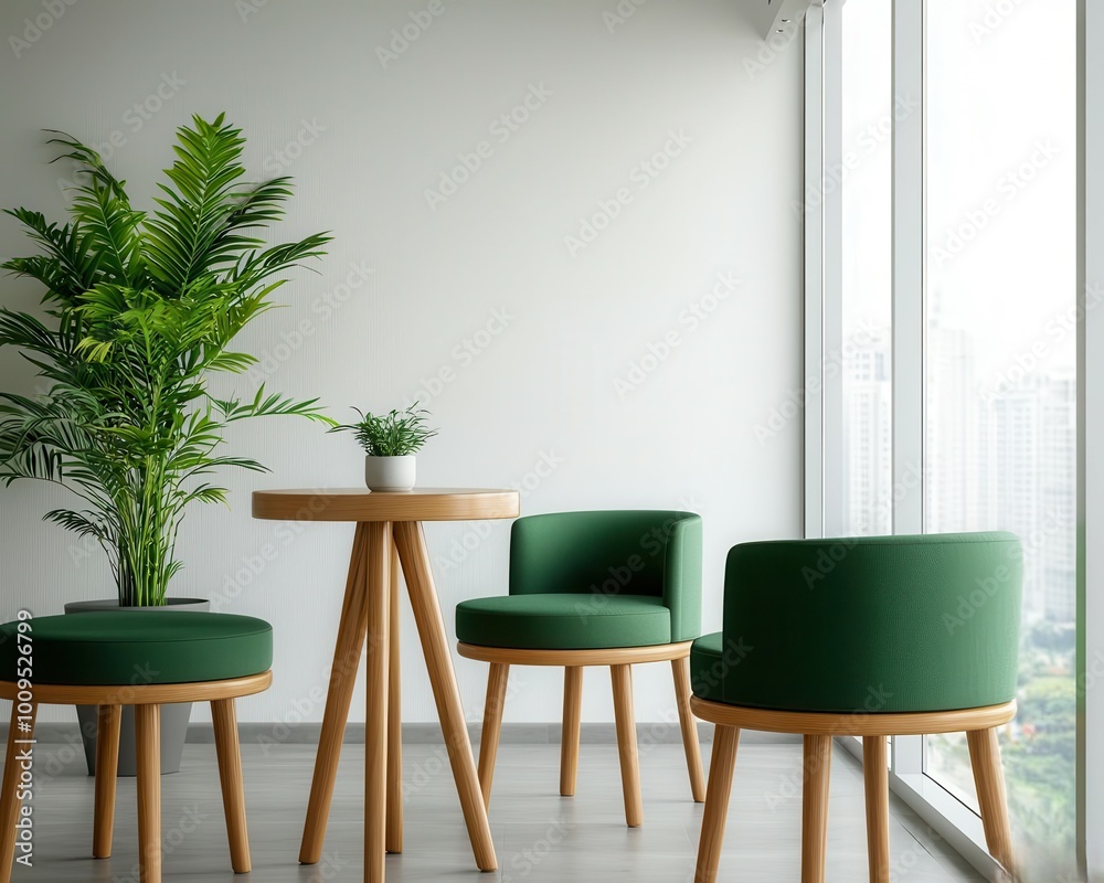 minimalist coworking space with biophilic design elements floortoceiling windows overlooking cityscape