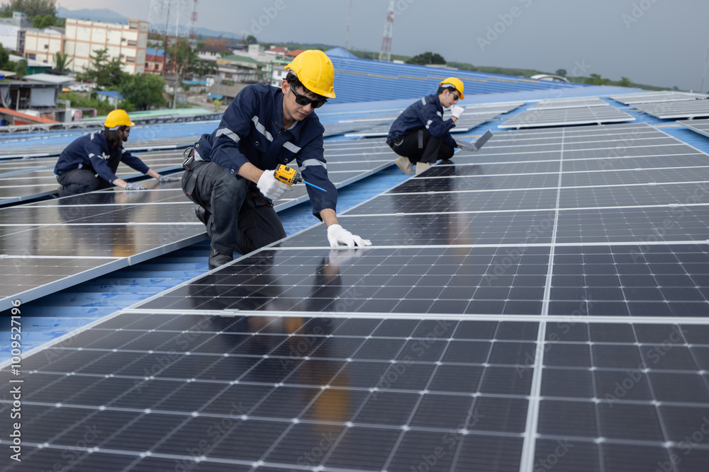 Engineer checking on solar panel on the factory rooftop Engineer checking on solar panel on the factory rooftop