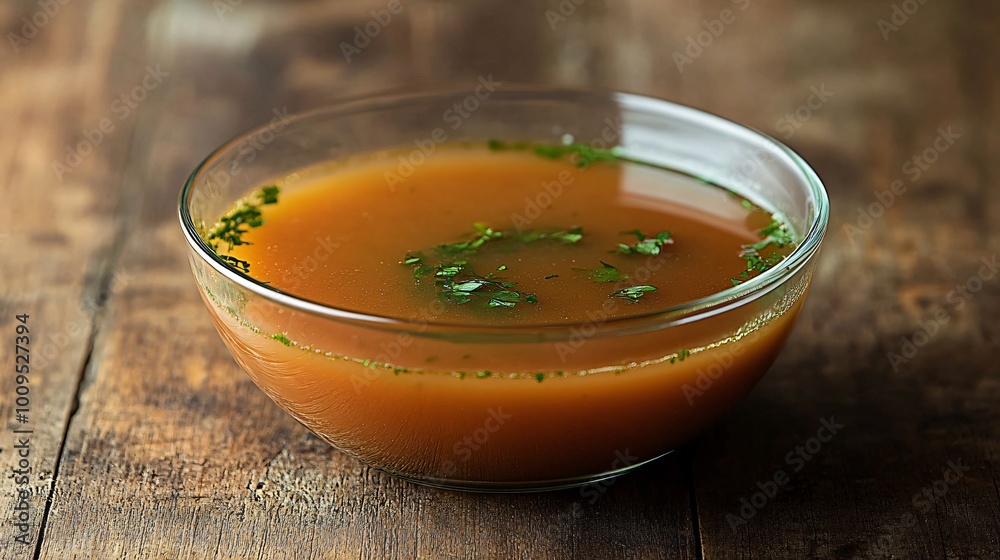 A clear glass bowl of homemade vegetable soup with herbs, presented against a rustic wooden table for a cozy low-fat meal A clear glass bowl of homemade vegetable soup with herbs, presented against a rustic wooden table for a cozy low-fat meal