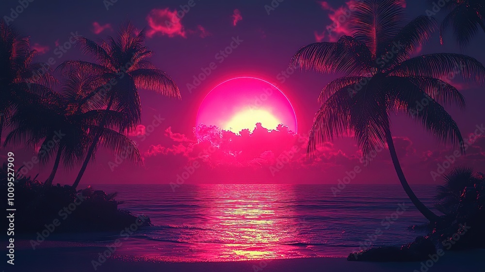 A vibrant sunset with pink hues reflected over calm ocean waters, framed by palm trees for a serene tropical atmosphere. A vibrant sunset with pink hues reflected over calm ocean waters, framed by palm trees for a serene tropical atmosphere.