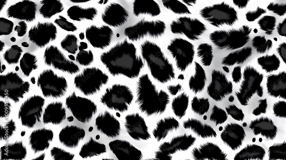 Seamless black and white leopard print pattern with realistic fur texture. Seamless black and white leopard print pattern with realistic fur texture.