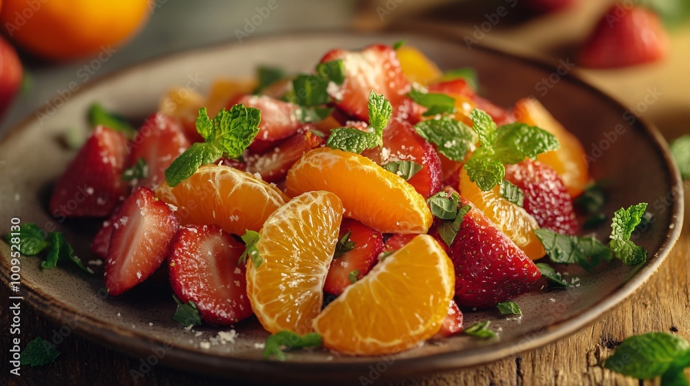 A fresh fruit salad featuring oranges, strawberries, and mint leaves, beautifully styled on a rustic kitchen table