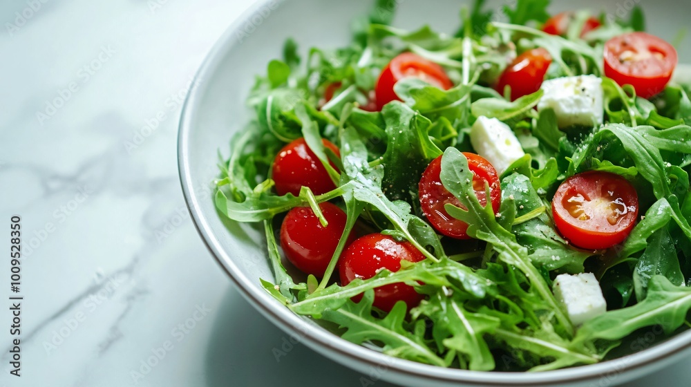 A fresh salad with arugula, cherry tomatoes, and low-fat feta, presented in a modern white bowl on a marble table A fresh salad with arugula, cherry tomatoes, and low-fat feta, presented in a modern white bowl on a marble table