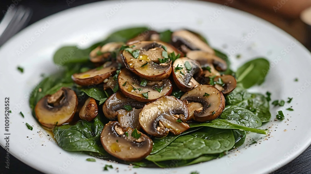 A fresh spinach and mushroom salad with a light drizzle of olive oil, presented on a white ceramic plate A fresh spinach and mushroom salad with a light drizzle of olive oil, presented on a white ceramic plate