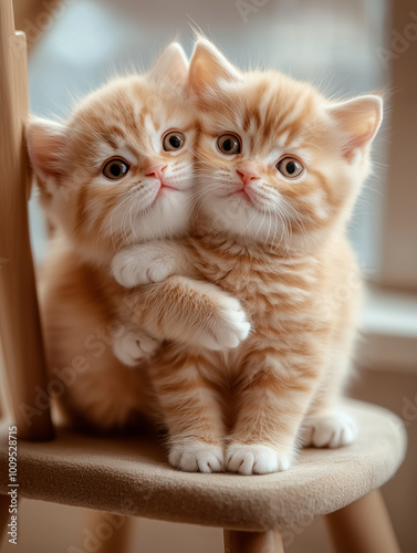 Two cute baby cats hugging each other