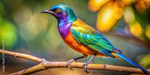 Close-Up Photograph Of A Vibrant African Mirla Bird Perched On A Branch, Its Iridescent Plumage Shimmering In The Sunlight. photo