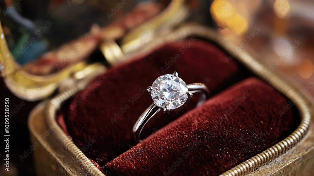 Elegant diamond ring displayed in a luxurious velvet box, perfect for proposals and special occasions, showcasing timeless beauty. Elegant diamond ring displayed in a luxurious velvet box, perfect for proposals and special occasions, showcasing timeless beauty.