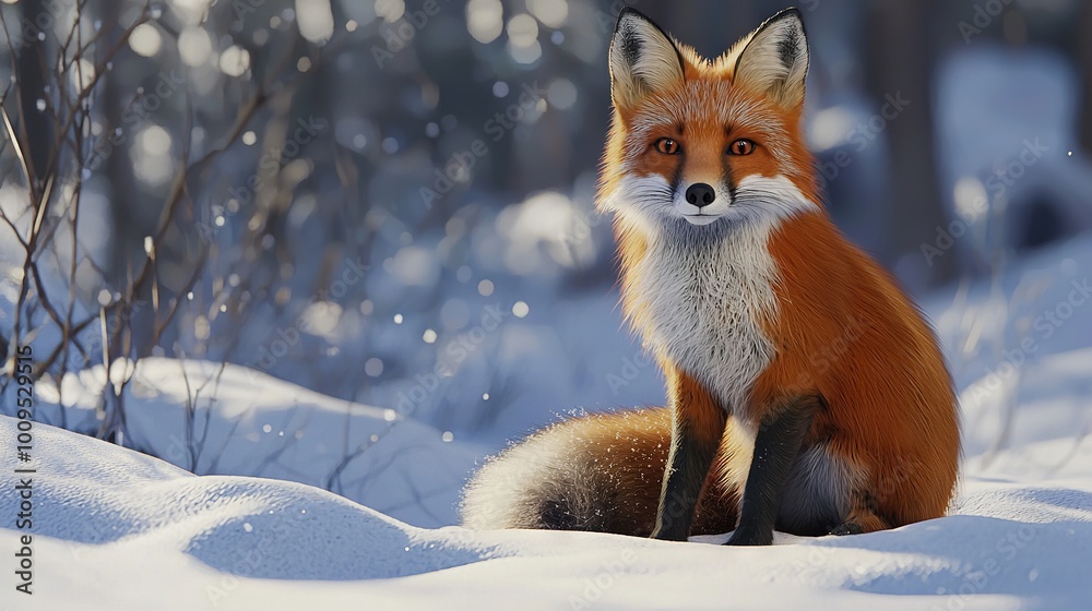 Obraz premium A red fox rests amidst snow on a forest floor, surrounded by tall trees