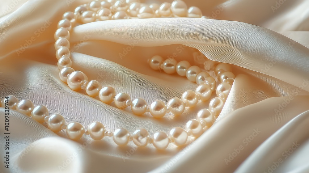 Elegant pearl necklace resting on silky fabric, showcasing timeless beauty and sophistication in jewelry design. Elegant pearl necklace resting on silky fabric, showcasing timeless beauty and sophistication in jewelry design.