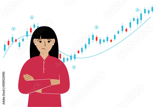 A woman on the background of a Forex chart. Conceptual illustration on the topic of strategic planning in trading on the stock exchange. Vector flat illustration