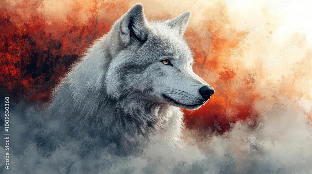 Obraz premium watercolor illustration of a majestic white wolf its fur blending into a soft background capturing the essence of wild beauty and grace with delicate brush strokes emphasizing its features