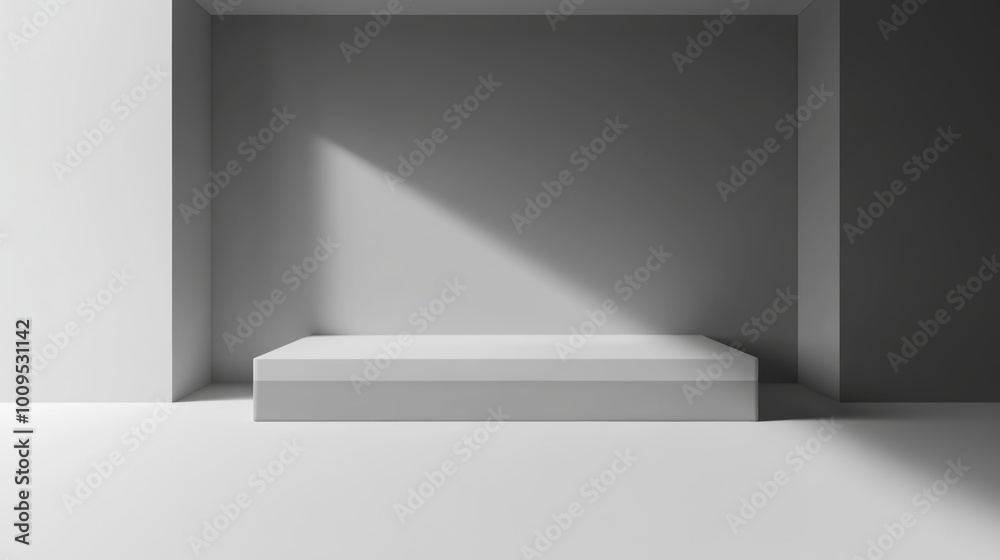 Minimalist White Platform with Light Beam in Empty Room
