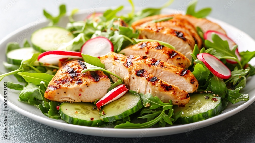 A simple grilled chicken salad with cucumber and radish slices, served on a white porcelain plate against a soft natural background A simple grilled chicken salad with cucumber and radish slices, served on a white porcelain plate against a soft natural background