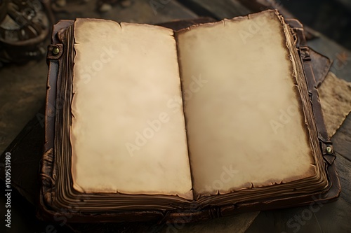 an opened leatherbound journal opened to two blank pages