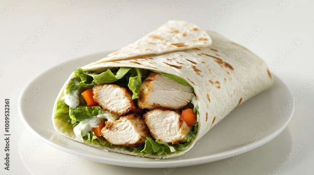 A wrap made with grilled chicken, lettuce, and a light yogurt dressing, served on a minimalist white plate A wrap made with grilled chicken, lettuce, and a light yogurt dressing, served on a minimalist white plate