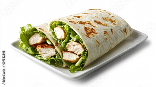 A wrap made with grilled chicken, lettuce, and a light yogurt dressing, served on a minimalist white plate