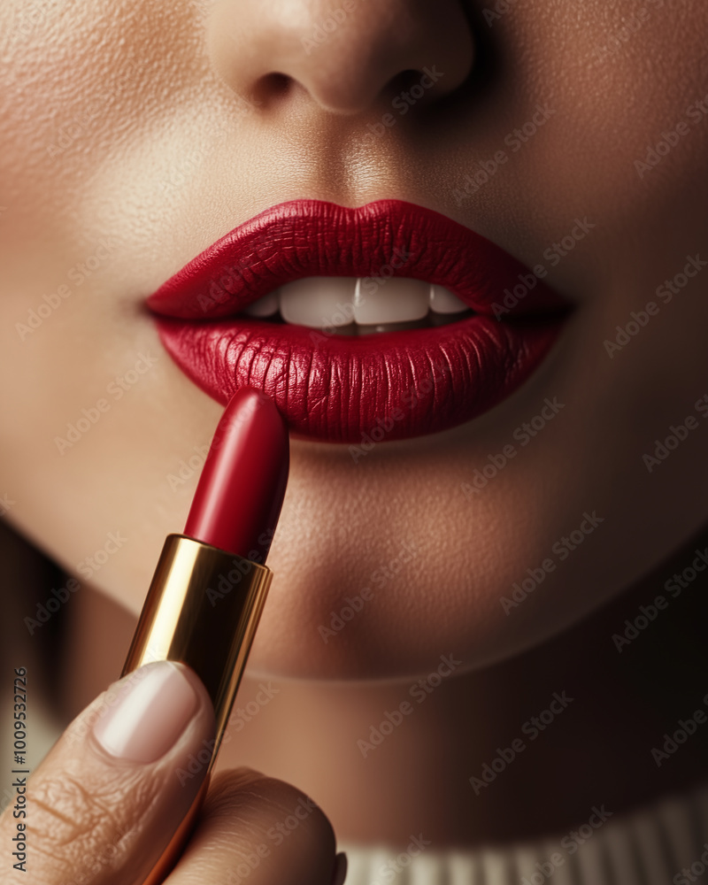Obraz premium Close-up of a Girl Applying Lipstick on Her Lips, Red Lipstick