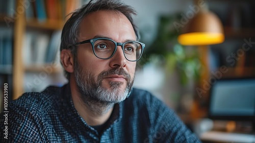 Thoughtful man in glasses sits in cozy workspace, reflecting and contemplating ideas amidst books and warm lighting.