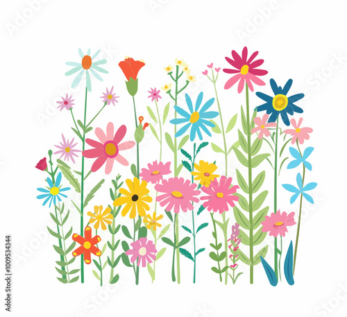 Vector illustration of colorful wildflowers on a white background, perfect for spring designs or nature-themed projects.