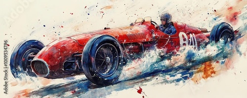 Wallpaper Mural Dynamic watercolor illustration of a vintage race car splashing through water, capturing speed and excitement in vibrant colors. Torontodigital.ca