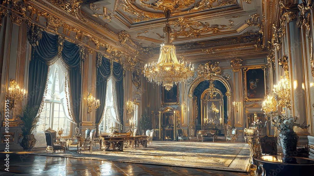 Fototapeta premium Opulent interior showcasing rich details, elegant chandelier, and luxurious furnishings in a royal setting.