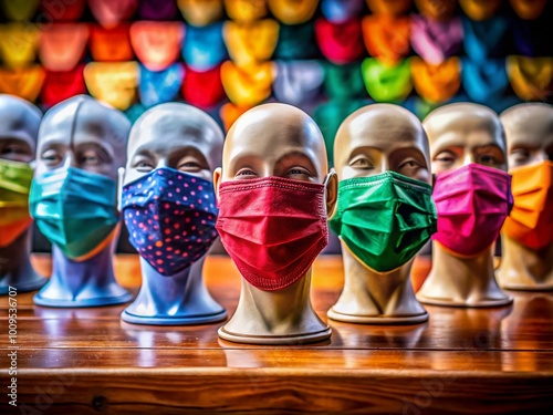 Variety of colorful face masks displayed on a table for protection against airborne illnesses