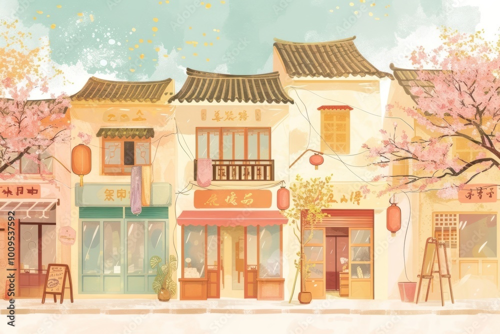 Chinese shop houses architecture building painting. Chinese shop houses architecture building painting.