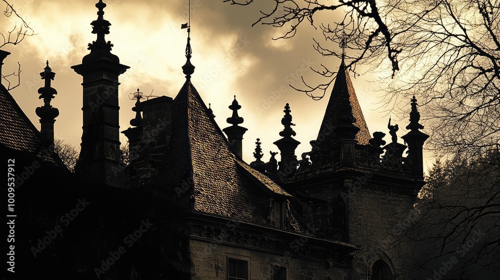 Fototapeta premium Silhouette of an ornate castle against a dramatic sky, featuring intricate architecture and a moody atmosphere.