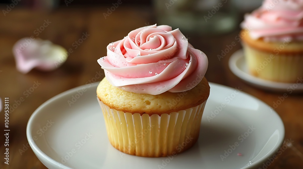 Delicate vanilla cupcake with rose-shaped buttercream frosting Delicate vanilla cupcake with rose-shaped buttercream frosting