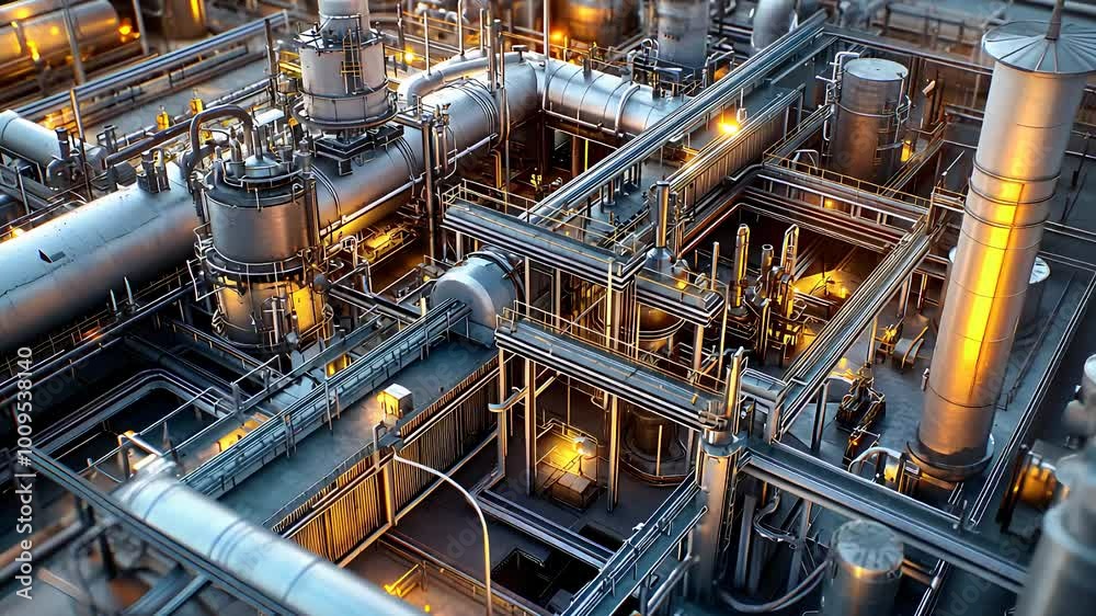 Complex Industrial Network of Pipes and Valves at Sunset Complex Industrial Network of Pipes and Valves at Sunset