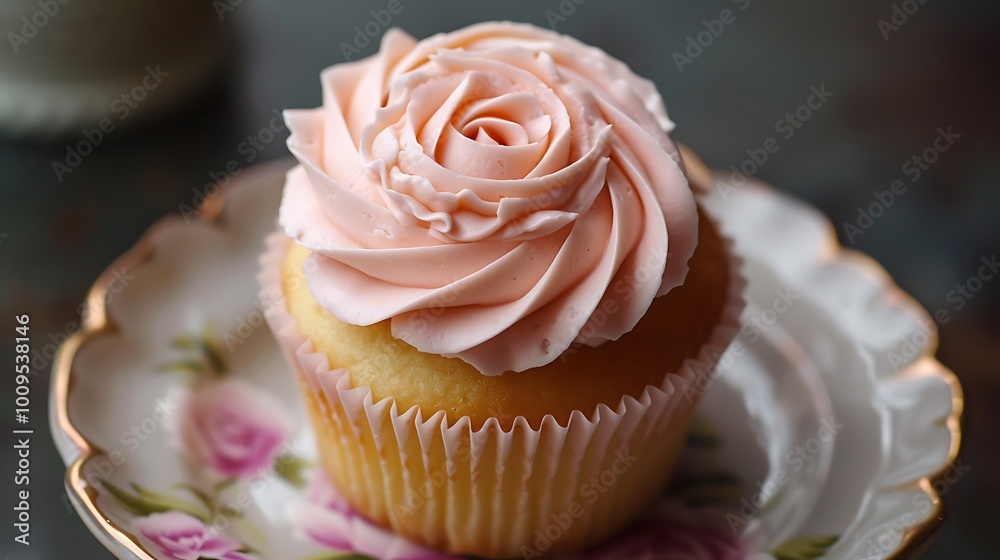 Delicate vanilla cupcake with rose-shaped buttercream frosting Delicate vanilla cupcake with rose-shaped buttercream frosting