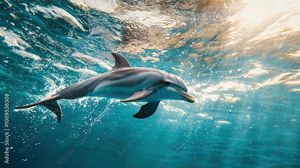 A dolphin swimming in the ocean with sunlight glistening on its back and head poking above the water A dolphin swimming in the ocean with sunlight glistening on its back and head poking above the water