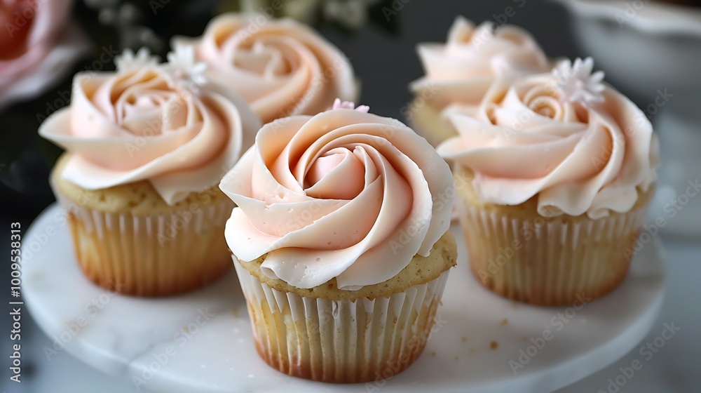 Delicate vanilla cupcake with rose-shaped buttercream frosting Delicate vanilla cupcake with rose-shaped buttercream frosting