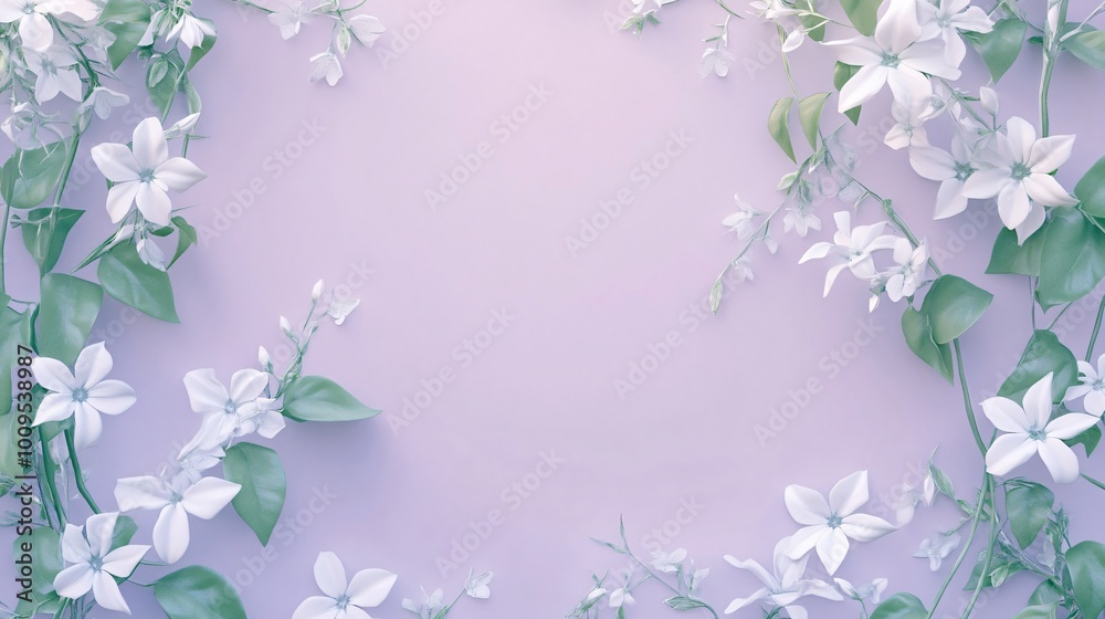 Fototapeta premium White flowers arranged in a frame around a purple background.