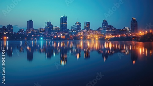 Stunning city skyline at dusk, reflecting warm lights on calm water, showcasing modern architecture and a serene atmosphere.