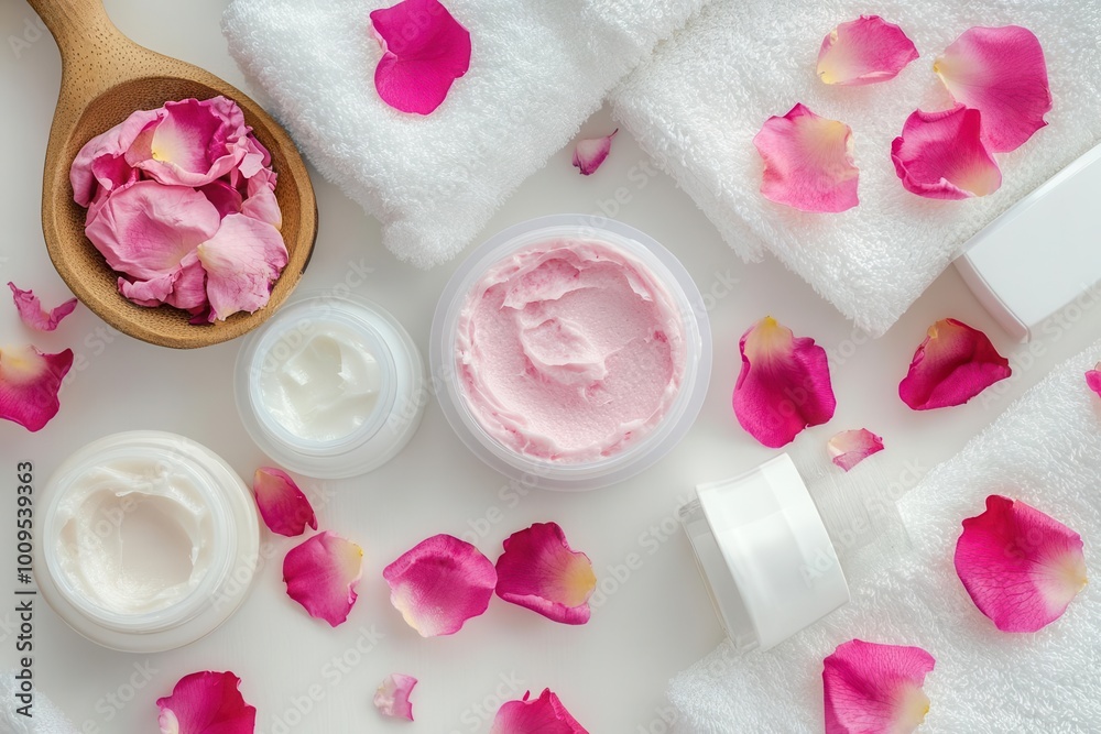 A serene arrangement of skincare products and rose petals on towels for relaxation and beauty. A serene arrangement of skincare products and rose petals on towels for relaxation and beauty.