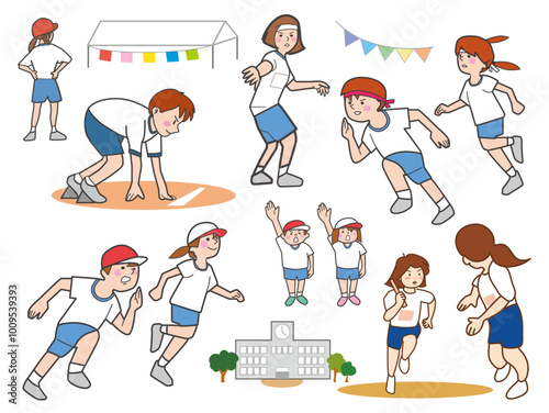 運動会でリレーで走ったりバトンを渡そうとしている小中学生のこどもたち
