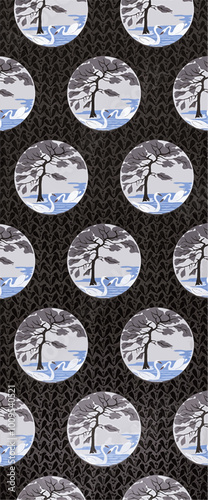  pattern of white swans on a lake with a tree, on a black patterned background.