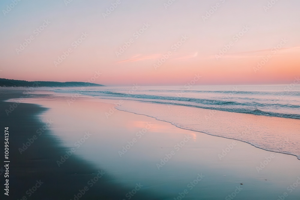Fototapeta premium A serene beach at sunset, showcasing gentle waves and pastel skies.