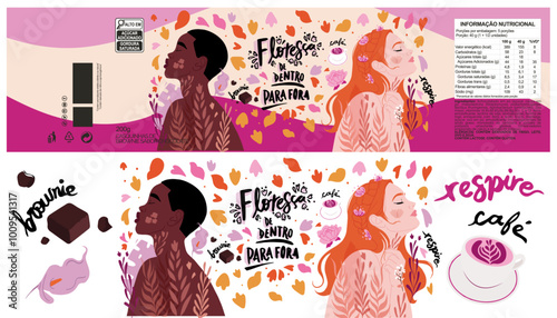 Mulher, homem, rótulo, brownie, chocolate, vetor, natureza, folhas, flor, lettering, frase, saúde mental, café, respire, essência, beleza, produto, embalagem, outonal, colorido, igualdade, diversidade