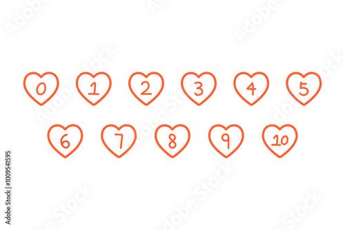 Hand drawn heart shape number 0-10 bullet point outline collection. Holiday celebration, romance, love, anniversary concepts. Flat decorative vector design isolated illustration.