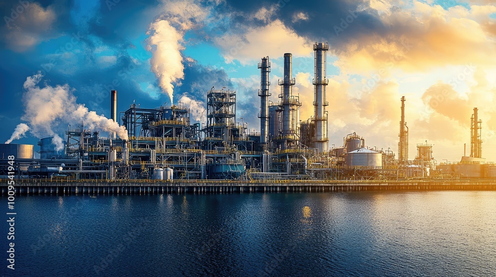 Vibrant industrial landscape featuring smokestacks and reflections on water, showcasing the beauty of modern manufacturing. Vibrant industrial landscape featuring smokestacks and reflections on water, showcasing the beauty of modern manufacturing.