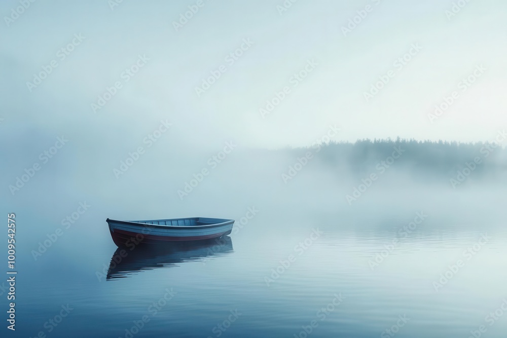 Fototapeta premium A serene boat floats in a misty lake, surrounded by tranquil nature and soft reflections.