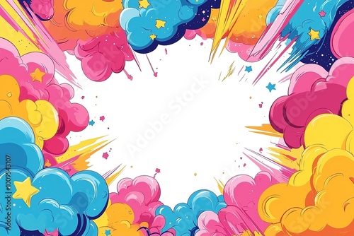 Colorful cartoon clouds and stars burst out dynamically from corners to create energetic comic book style design. Perfect for comic book covers, kids invitations or party poster designs