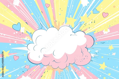 Pastel cloud with hearts and stars bursting in colorful dynamic pop art style. Perfect for childrens decor, graphic design or poster design
