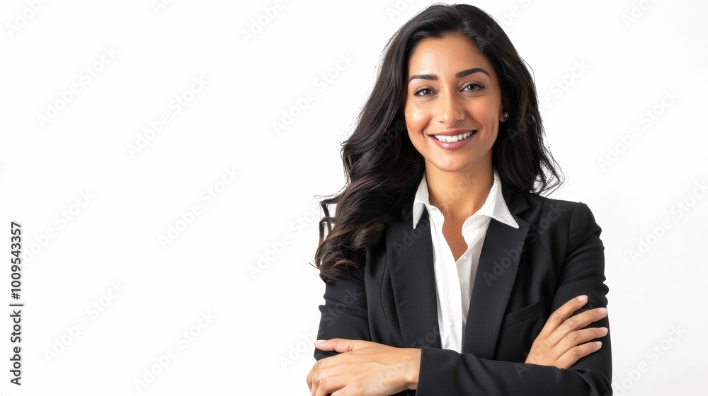 woman in suit smiling at camera on white background woman in suit smiling at camera on white background
