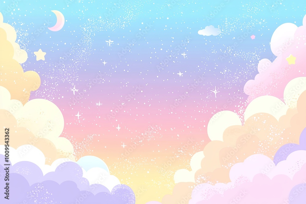 Pastel clouds and crescent moon with sparkling stars on twilight sky in soft pink, blue and yellow hues. Ideal for childrens decor, backgrounds or branding. Pastel clouds and crescent moon with sparkling stars on twilight sky in soft pink, blue and yellow hues. Ideal for childrens decor, backgrounds or branding.