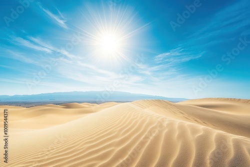 A serene desert landscape under a bright sun with gentle sand dunes and a clear blue sky.