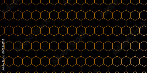 Golden seamless pattern on a black background. Abstract hexagon gradient colorful light pattern with a black background technology style.  Polygonal pattern background.  Triangles Style. 