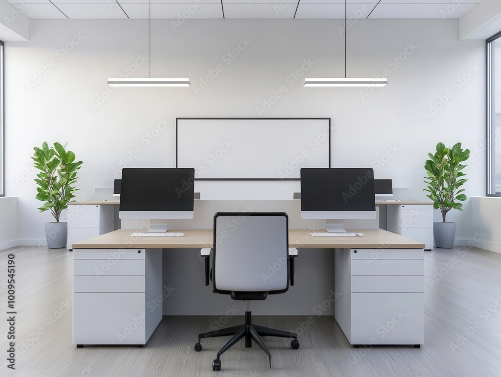 Open bank office with sleek desks, digital whiteboards, and minimalist decor, Modern design, bright lighting, neutral palette Open bank office with sleek desks, digital whiteboards, and minimalist decor, Modern design, bright lighting, neutral palette